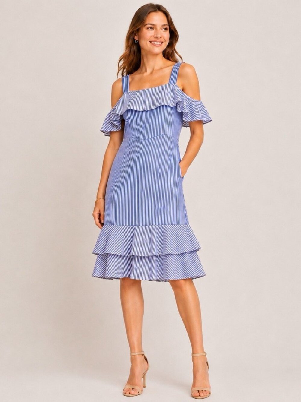 J. Crew Collection Striped Cold-Shoulder Silk Dress Midi True Blue 12 #A3066